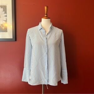 Massimo Dutti Silk Striped Button-Up Shirt in White and Light Blue Size 8